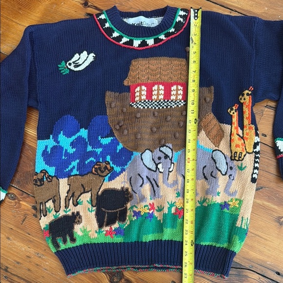 ISKNITCUTE! Is Knit Cute Vintage Noah's Ark Sweater hand-knit size 3 - Picture 3 of 7
